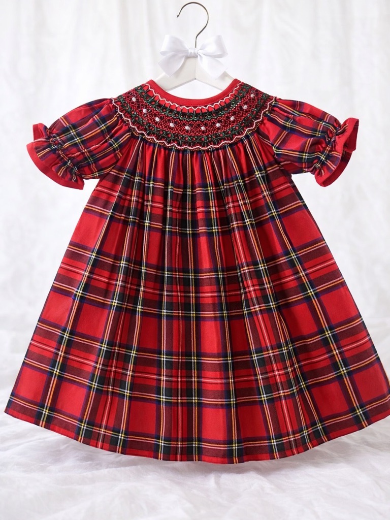 Vintage Anavini 12m Hand Smocked Red Tartan Bishop Dress Christmas Holiday Rare